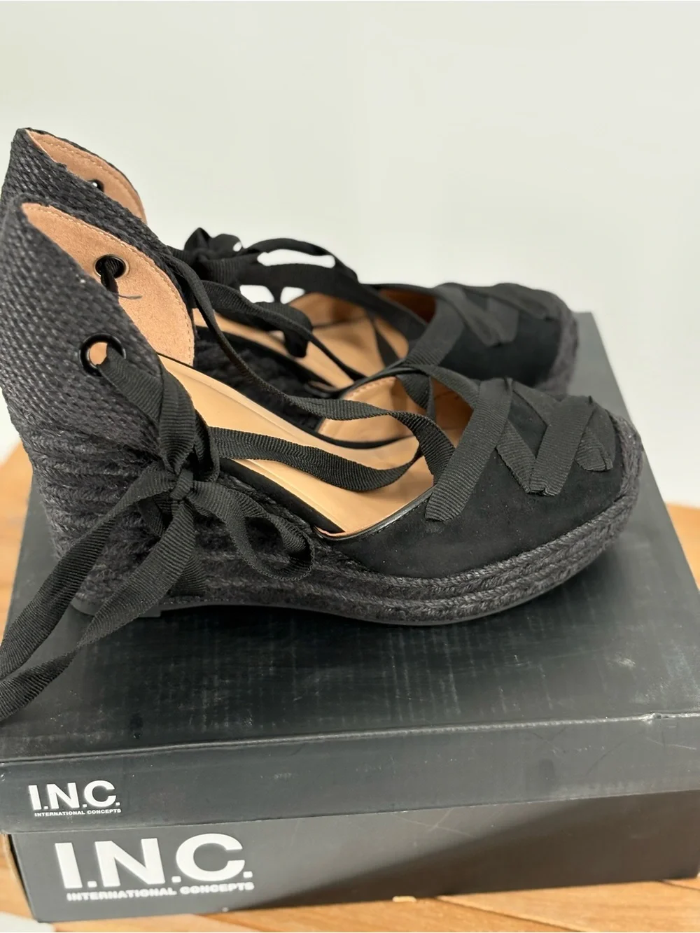 New INC International Concepts Black Lace-Up Espadrille Wedge Heels size 7M